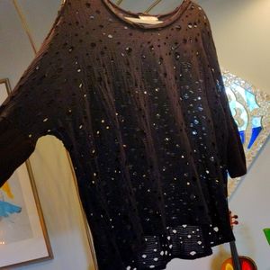 Barbara Katz Perforated 🖤 Black 3/4 Sleeve Tqop, Size Medium